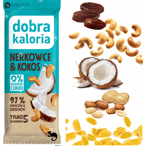 BATON WEGAŃSKI 5 składników NERKOWCE & KOKOS 35g BEZ CUKRU DOBRA KALORIA